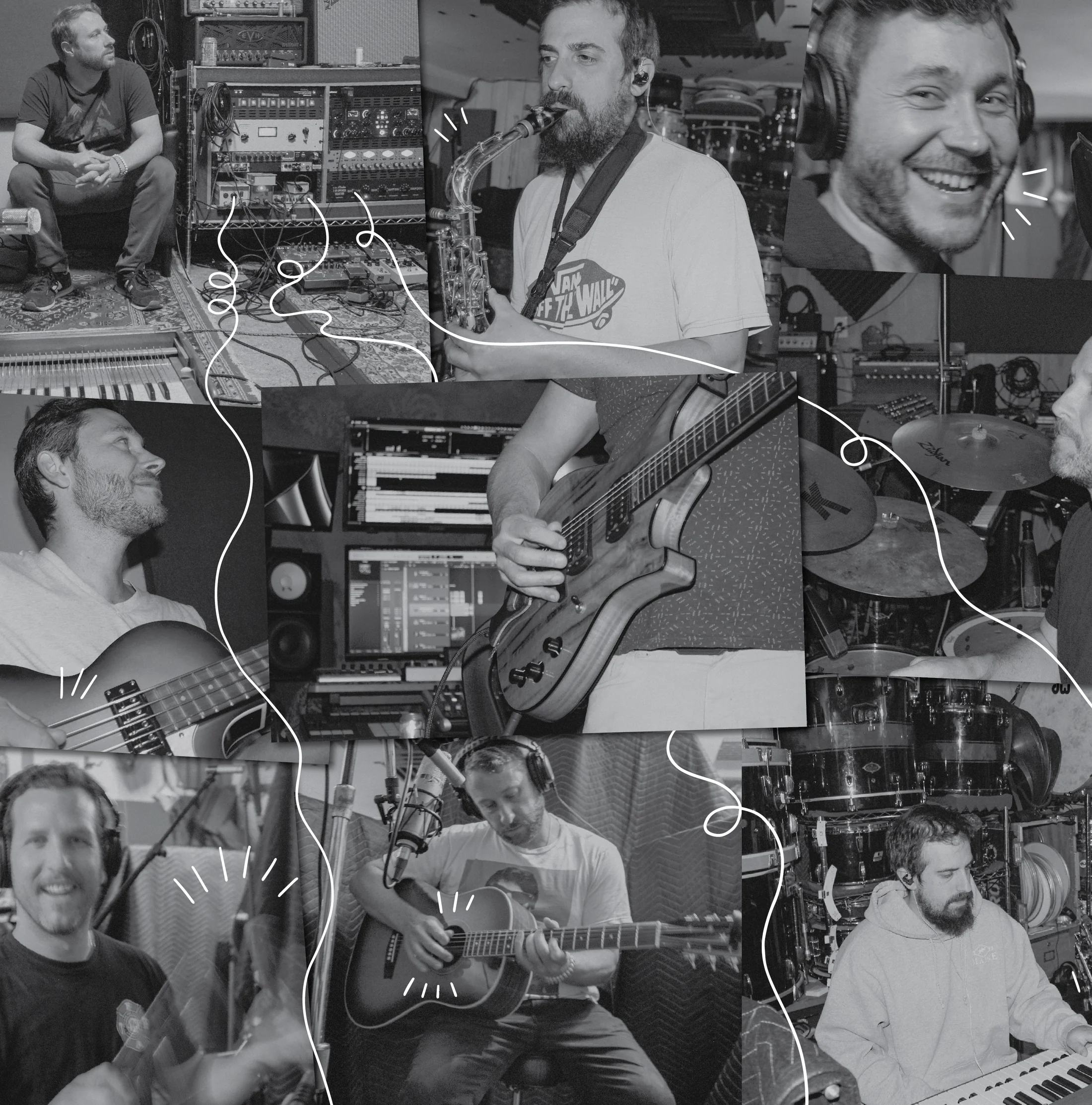Black-and-white collage of Spafford recording Cat Shop in the studio